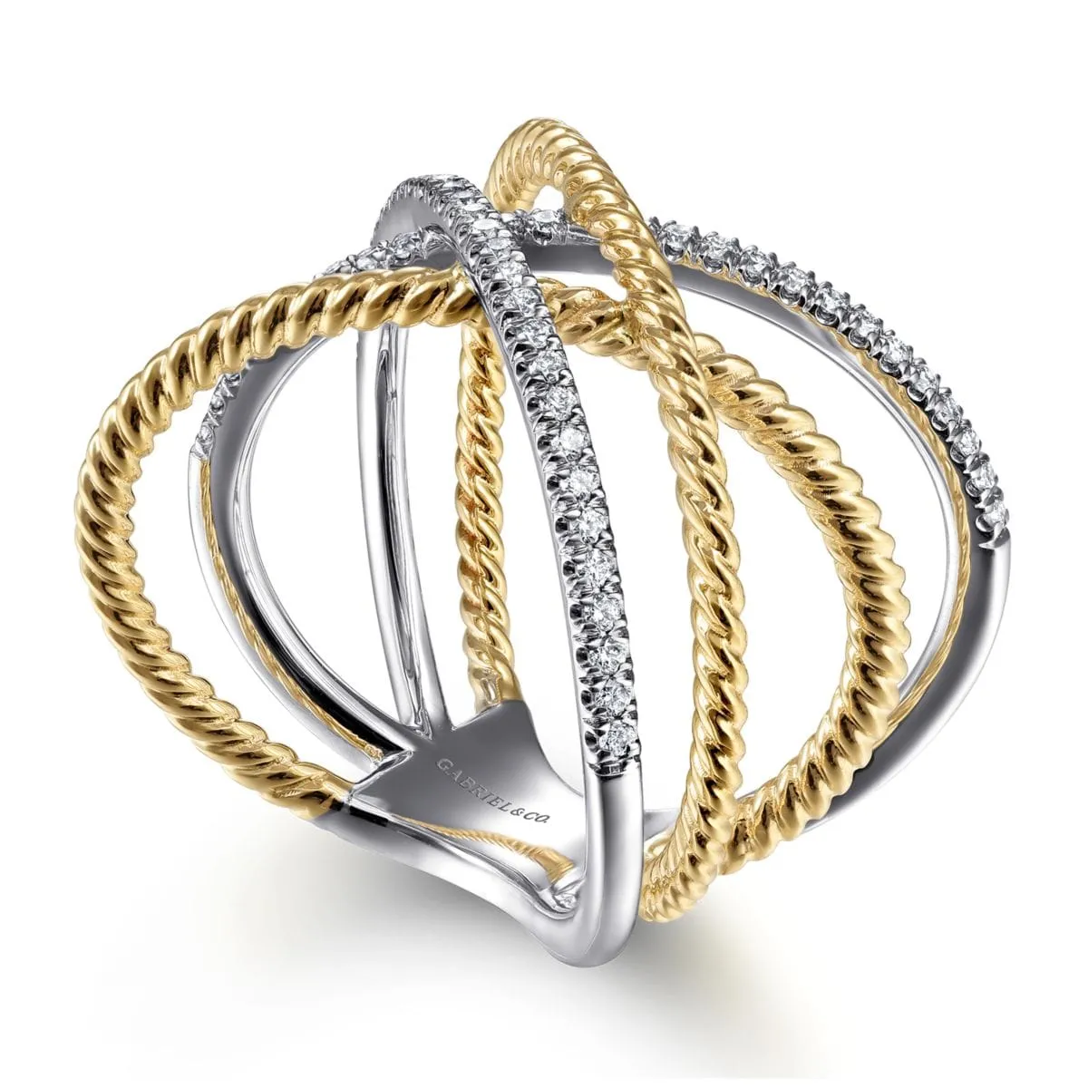 14K White-Yellow Gold Twisted Rope and Diamond Criss Cross Ring - LR51630M45JJ