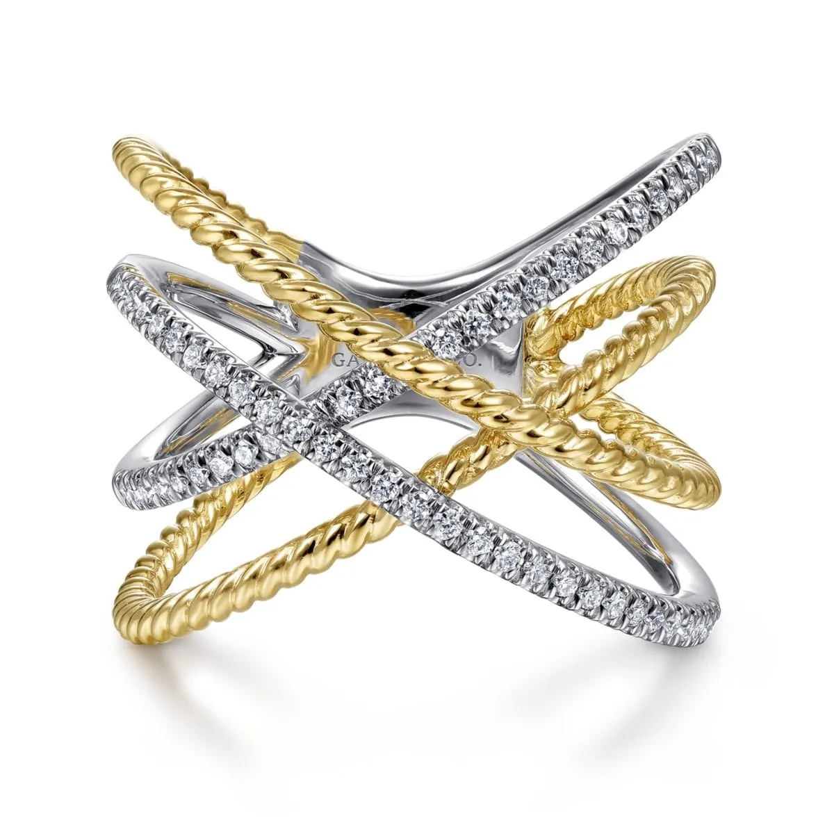 14K White-Yellow Gold Twisted Rope and Diamond Criss Cross Ring - LR51630M45JJ