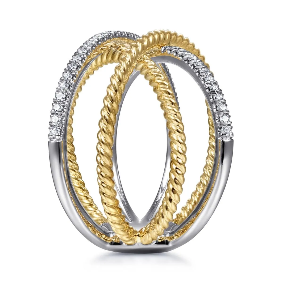 14K White-Yellow Gold Twisted Rope and Diamond Criss Cross Ring - LR51630M45JJ