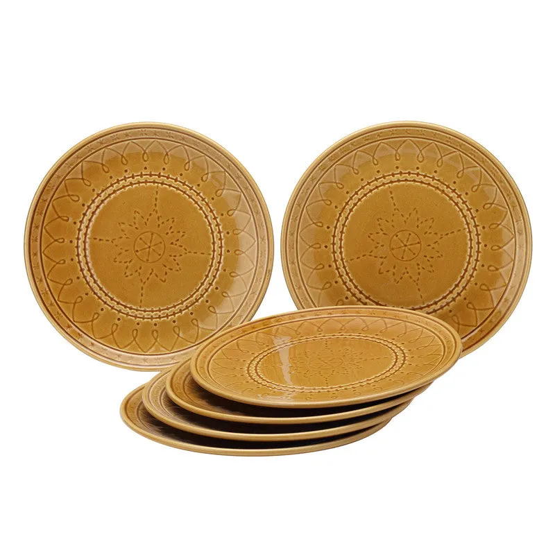 Ceramic Dinner Plate | Stoneware Emboss Design | Large | 10.6 Inches | Golden Brown | Set of 6