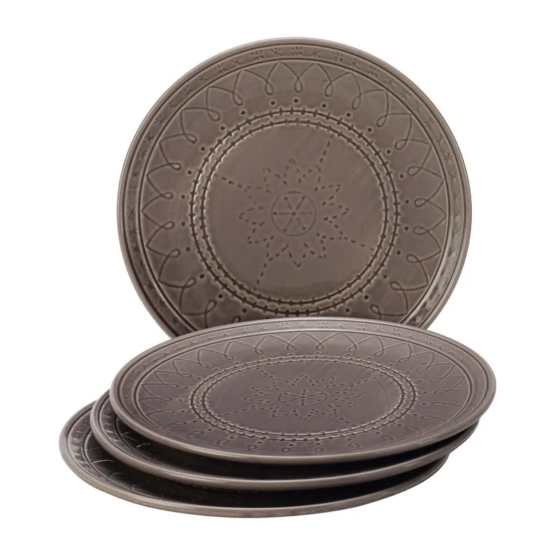 Ceramic Dinner Plate | Stoneware | Emboss Design | Large | Ash Grey | Set of 4