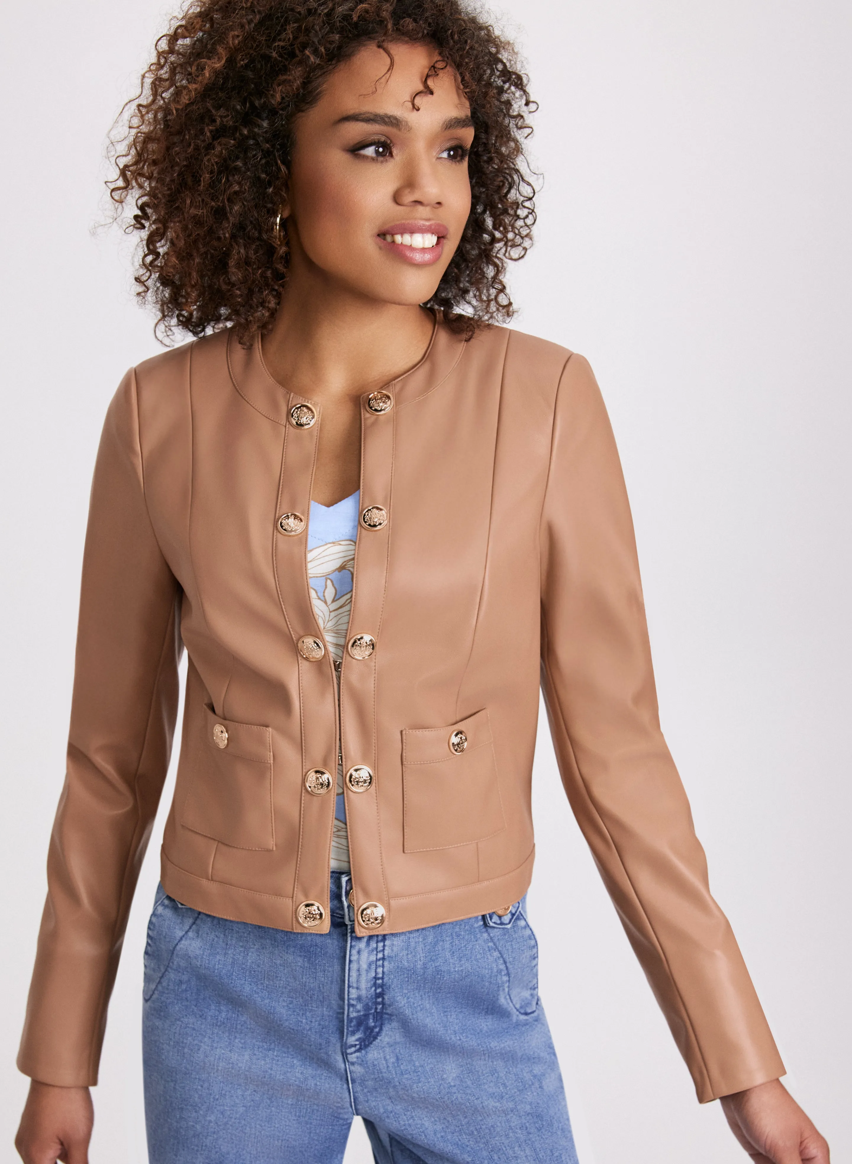 Decorative Button Front Vegan Leather Jacket