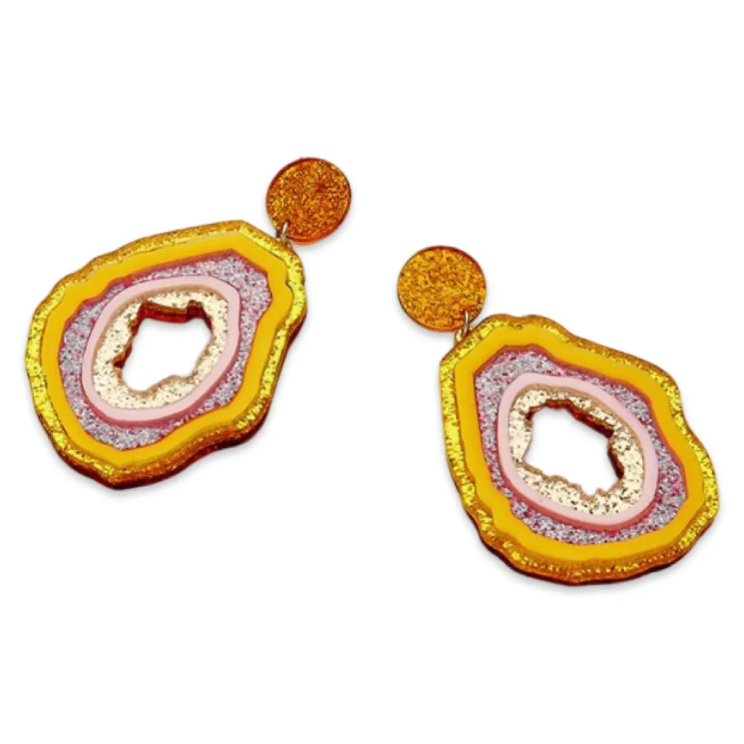 Earrings - Pink & Yellow Glitter Geode drops