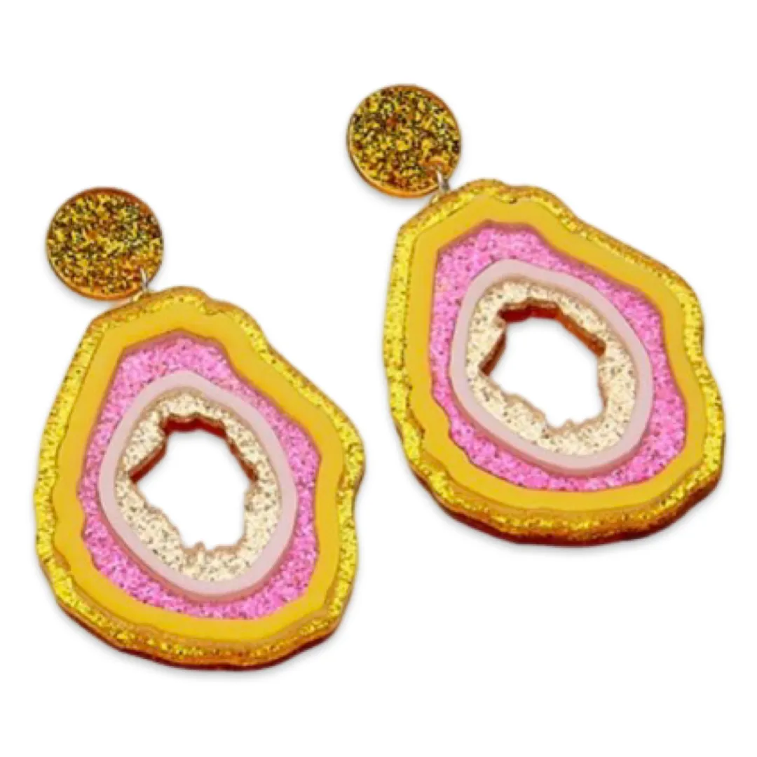 Earrings - Pink & Yellow Glitter Geode drops