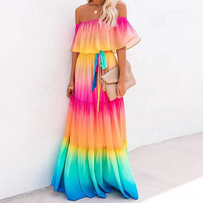 Gradient Color Tie Dye Off Shoulder Ruffles Dress