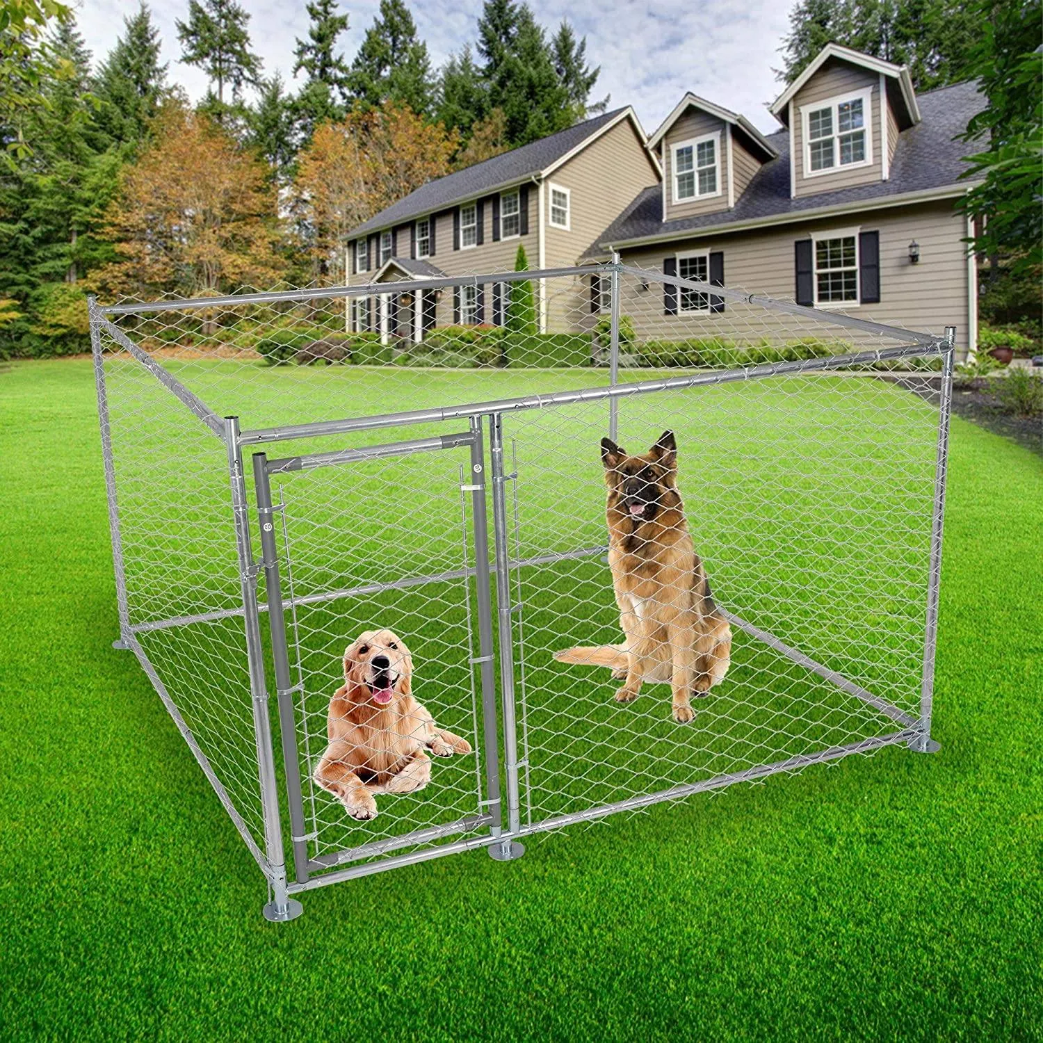 Outdoor Dog Kennel Heavy Duty Galvanized Mesh Steel Fence Dog Playpen Run Cage w/ Secure Lock 6.6x6.6x4 ft