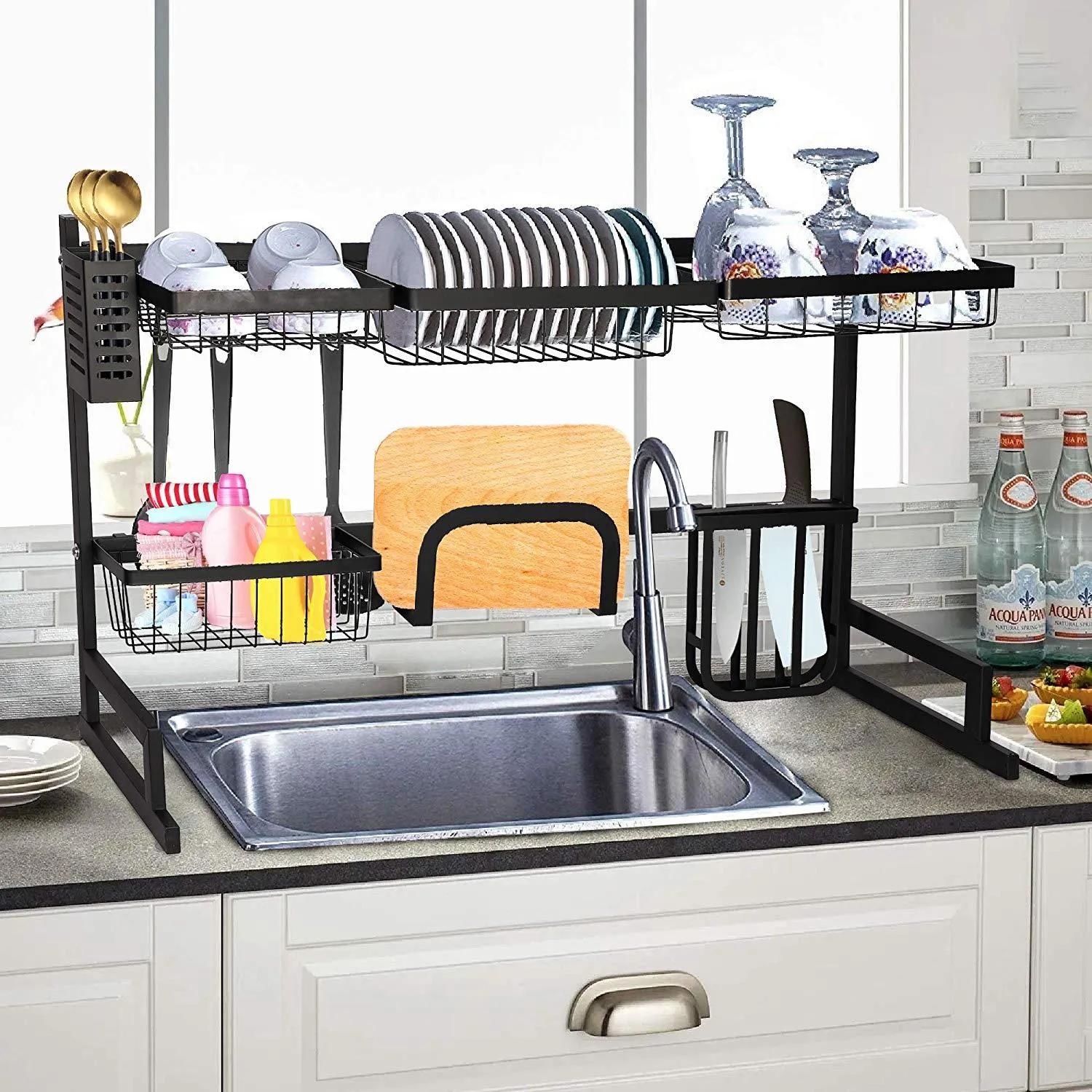 Over The Sink Dish Drying Rack Stainless Steel Kitchen Supplies Storage Shelf Drainer Organizer, 35" x 12.2" x 20.4"